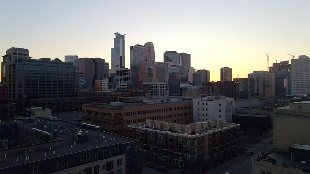 Aerial footage of minneapolis downtown, apartment buildings streets and main buildings in msp