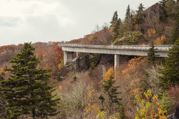 Linn Cove viaduct on an autumn day at the Blue Ridge Parkway road in the mountains of North Carolina