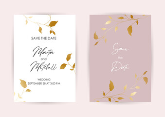 Luxury wedding invitation cards with gold flowers and geometric pattern vector design template