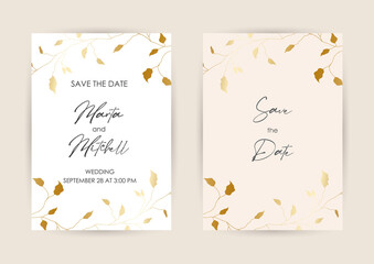 Luxury wedding invitation cards with gold flowers and geometric pattern vector design template