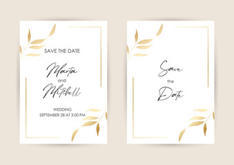 Obraz na płótnie Canvas Luxury wedding invitation cards with gold flowers and geometric pattern vector design template