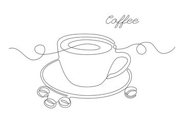 Continuous one line drawing of cup coffee with coffee bean. Simple modern line art for menu, logo, cafe, emblem, banner, card, prints, tattoos, posters. Vector illustration