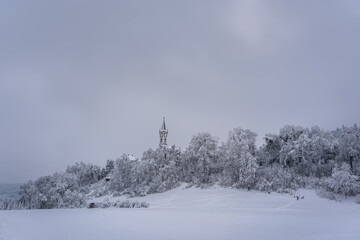 Fototapeta na wymiar Church like a castle in a fairytale on snow caped hill with frosty forest.