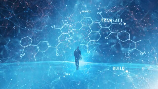 Man walking in science augumented reality with blue shining chemical structures and geometric particles. 