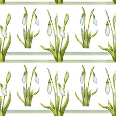 White Snowdrops. Spring flowers. Hand-drawn watercolor seamless pattern. Floral realistic Illustration