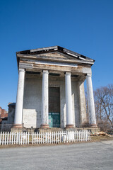 Newburgh, NY - USA - Mar. 21, 2021: Vertical view of the historic Dutch Reformed Church. It was designed by Alexander Jackson Davis in 1835 in the Greek Revival style.