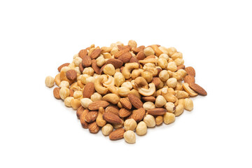 Mix of nuts isolated on white background. Top view.