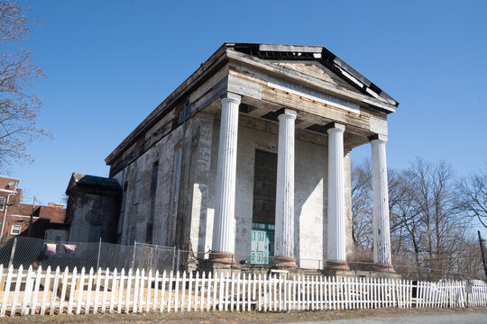 Newburgh, NY - USA - Mar. 21, 2021: landscape view of the historic Dutch Reformed Church. It was designed by Alexander Jackson Davis in 1835 in the Greek Revival style.