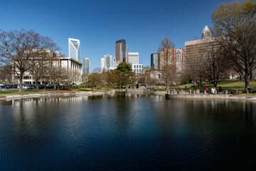 Fototapeta na wymiar Skyline of downtown Charlotte, NC as seen from Marshall Park on an early spring day