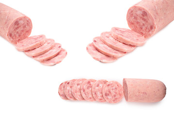 Boiled sausage isolated on white background. Slices.
