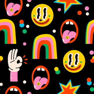 Hand drawn Abstract faces, rainbow, mouth, hand, dots. Funny cute Comic characters, icons. Hand drawn Vector illustartion. Cartoon style. Flat design. Square Seamless Pattern. Background, wallpaper