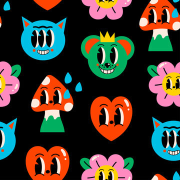 Hand drawn Abstract faces, hearts, mushroom, flower. Funny cute Comic characters. Hand drawn Vector illustartion. Cartoon style. Flat design. Square Seamless Pattern. Background, wallpaper