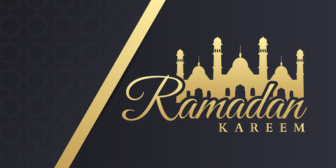 Ramadan celebrate banner with golden colored handwritten inscription Ramadan Kareem, gold text and mosque. Muslim holy month islamic ornament background.