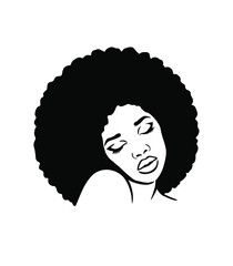 Black Afro African American girl woman lady vector portrait head face silhouette with natural waves hair puff hairstyle drawing illustration.Laser plotter cutting.Logo for beauty salon.T shirt print.