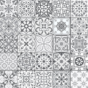 Set of tiles background in portuguese style in grey. Mosaic pattern for ceramic in dutch, portuguese, spanish, italian style.