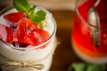 homemade sweet yogurt with fruit jelly pieces