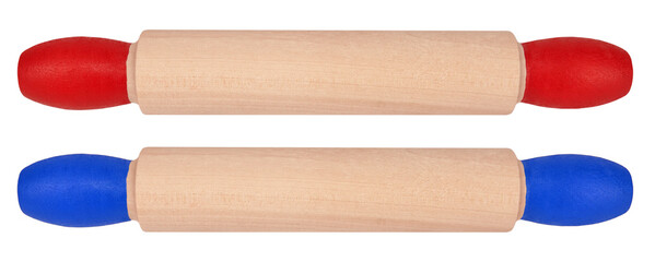 Two rolling pins with red and blue handles isolated on white background