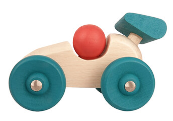 Vintage wooden racing car toy isolated on white background
