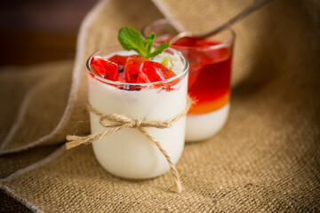 homemade sweet yogurt with fruit jelly pieces