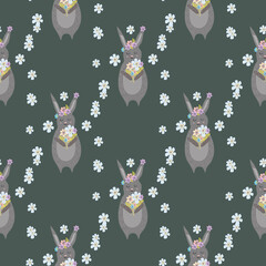 Vector seamless pattern with cute bunny or rabbit with flowers. For kids design, apparel, fabric, textile, wrapping paper.