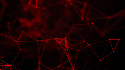 Red abstract space with connecting dots and lines. Dark background. 3D rendering.