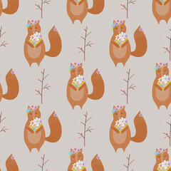 seamless pattern with cute foxes with flowers. For kids design, apparel, fabric, textile, wrapping paper