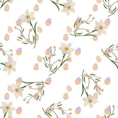 Seamless pattern with Easter eggs and spring flowers