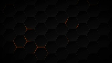 Abstract dark hexagon pattern on orange neon background technology style. Modern futuristic honeycomb concept. - Powered by Adobe