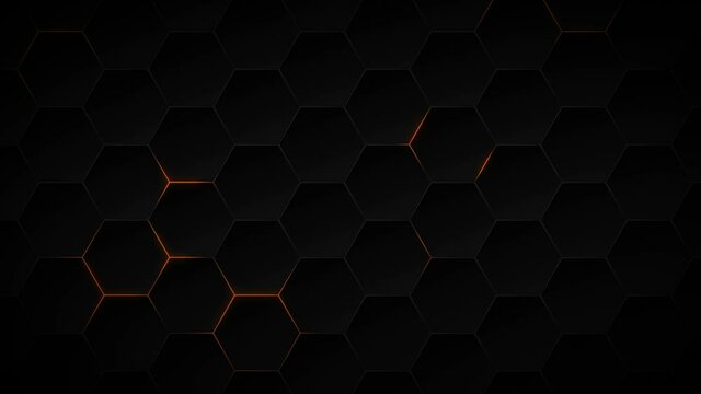 Abstract dark hexagon pattern on orange neon background technology style. Modern futuristic honeycomb concept.