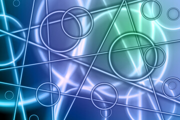 A geometric pattern of highlighted intersecting straight lines and circles on a blue-green background. Abstract geometric background.