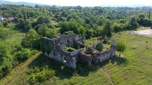 Ruins, castle, house of Shevardnadze princes near Guadauta of Abkhazia. Aerial photography 4K