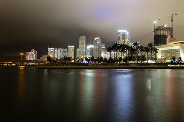 Fototapeta na wymiar city skyline at night, miami florida, biscayne bay, long exposure, clouds