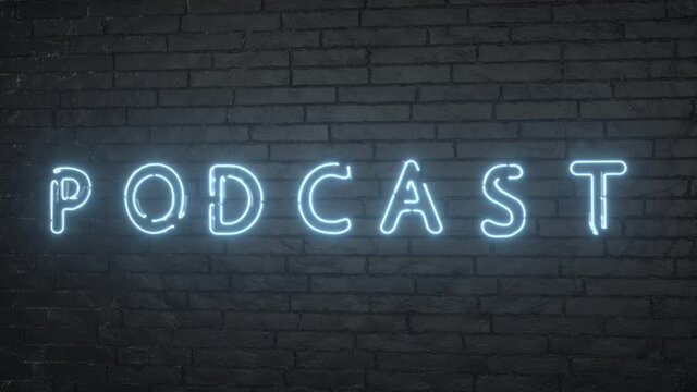 Podcast neon sign. Glowing podcast emblem on black brick wall background