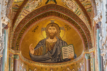 Fototapeta na wymiar Christus Pantokrator Mosaic. Church in Cefalu. Sicily.