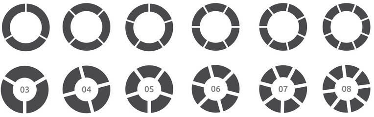 Circle divided into equal parts, multiple versions with three to eight separations