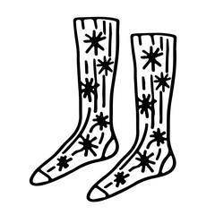 Vector illustration of a pair of winter socks. Drawn in a doodle style. Design for greeting card, flyer, banner, sale, market