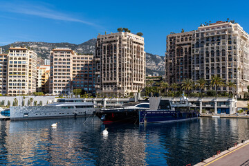 view of the harbor of Cape d'Ail and hotels in the Fontvielle District of Monaco