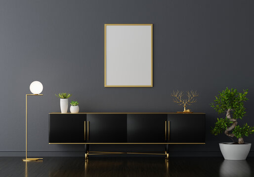 Sideboard in black living room with frame mockup, 3D rendering