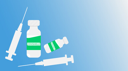 Vector illustration of covishield coronavirus vaccine and syringe, vaccination and treatment campaign. All elements are isolated.