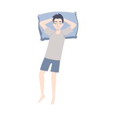 Young man sleeping in sleep position on back a vector flat isolated illustration