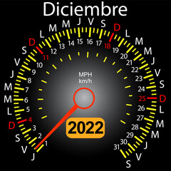 2022 year calendar speedometer car in Spanish December