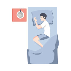 Cartoon man sleeping in bed on his side, in sideways sleep position