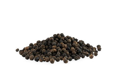 Pile of Black pepper corns seeds isolated on white background.