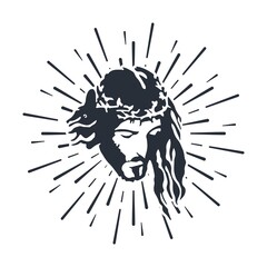 Jesus Christ in the rays. God's blessing. Vector illustration isolated on white background.