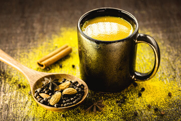 Turmeric and Cinnamon milk, golden milk, ancient Indian drink