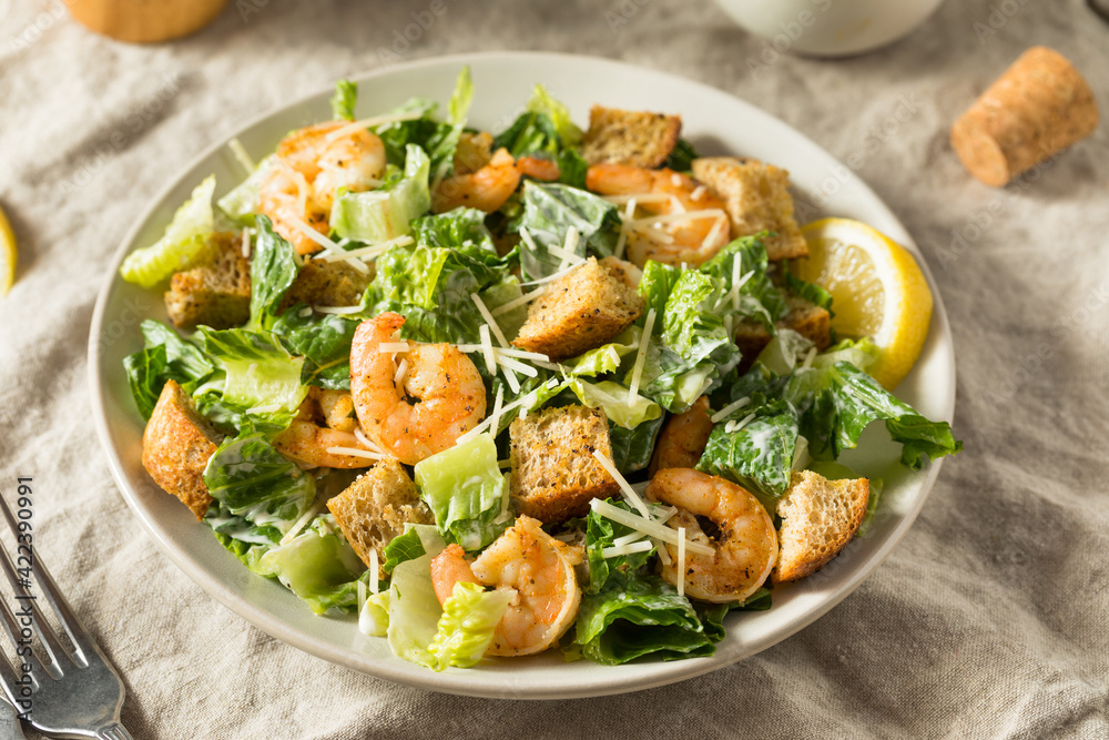 Poster homemade shrimp caesar salad