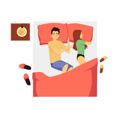Bed with side table and sleeping couple, flat vector illustration isolated.