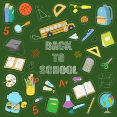 Back to school background with hand drawn school objects and supplies. Vector illustration 