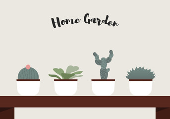 Home garden Vector illustration with copy space Different cactus, plants and succulents in white pots on wooden table