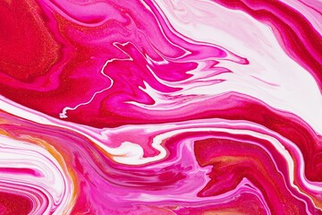 Fluid art texture. Abstract backdrop with swirling paint effect. Liquid acrylic artwork that flows and splashes. Mixed paints for background or poster. Golden, white and red overflowing colors.